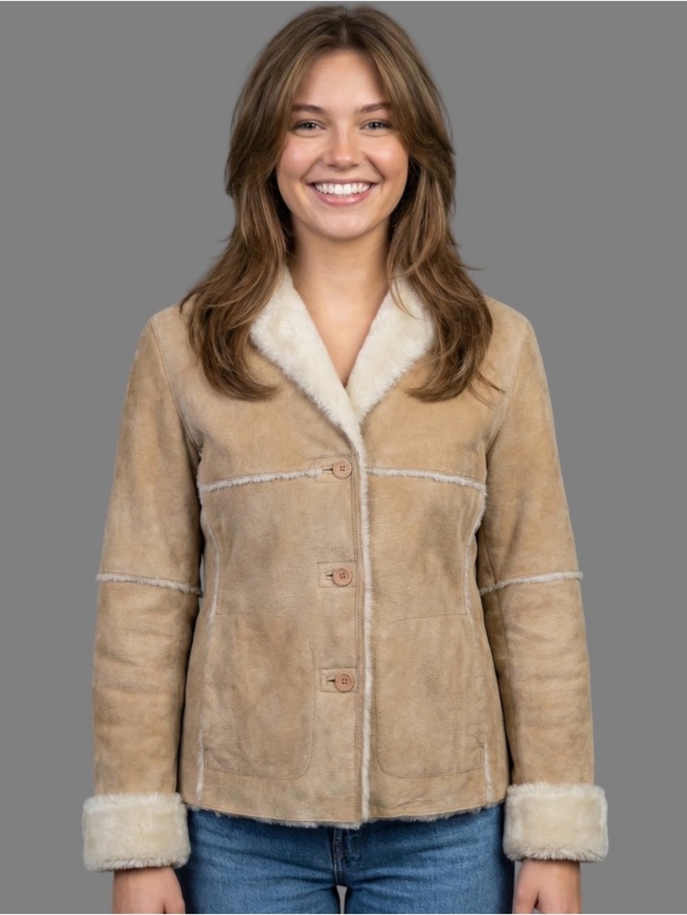 Vintage Michael Michelle Genuine Leather Jacket Faux Fur Trim Buttons Medium Y2K